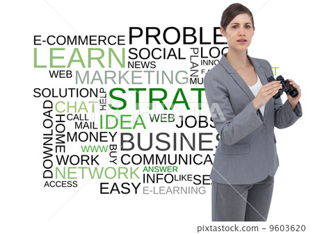 Composite image of curious young businesswoman posing with binoc 9603620
