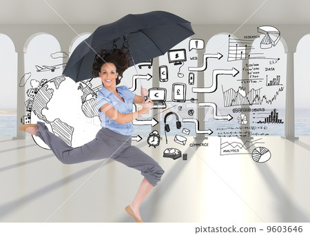 Composite image of happy classy businesswoman jumping while hold Composite image of happy classy businesswoman jumping while hold 9603646