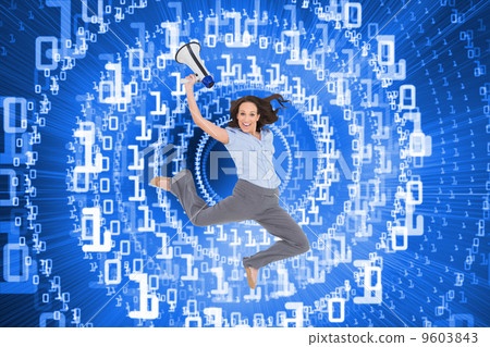 Composite image of cheerful classy businesswoman jumping while h Composite image of cheerful classy businesswoman jumping while h 9603843
