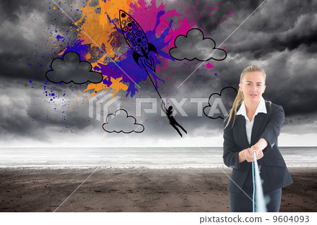 Composite image of businesswoman pulling a rope 9604093