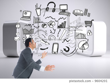 Composite image of unsmiling businessman catching 9604201