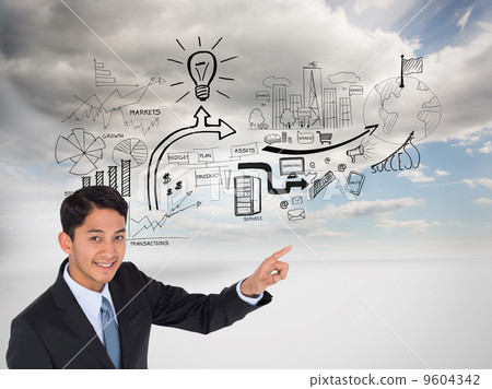 Composite image of smiling asian businessman pointing Composite image of smiling asian businessman pointing 9604342