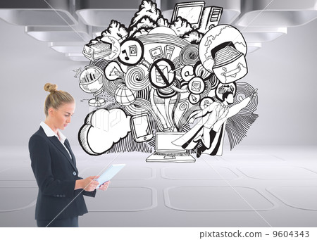 Composite image of businesswoman holding new tablet Composite image of businesswoman holding new tablet 9604343