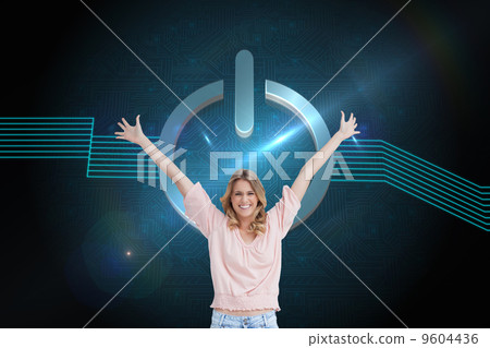 Composite image of full length shot of a smiling woman with her Composite image of full length shot of a smiling woman with her 9604436