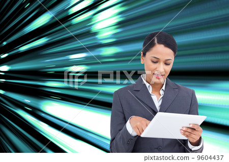 Composite image of close up of saleswoman with her touch screen 9604437