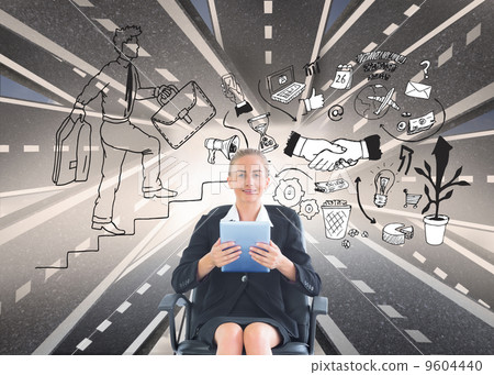 Composite image of businesswoman sitting on swivel chair with ta Composite image of businesswoman sitting on swivel chair with ta 9604440