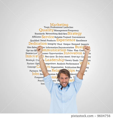 Composite image of happy man celebrating success with arms up Composite image of happy man celebrating success with arms up 9604756