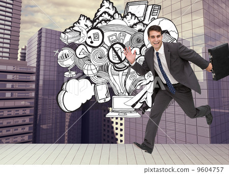 Composite image of smiling businessman in a hury Composite image of smiling businessman in a hury 9604757