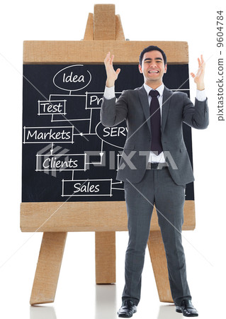 Composite image of stressed businessman with arms raised Composite image of stressed businessman with arms raised 9604784