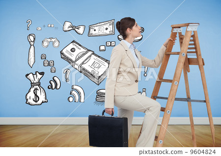 Composite image of businesswoman climbing career ladder with bri 9604824