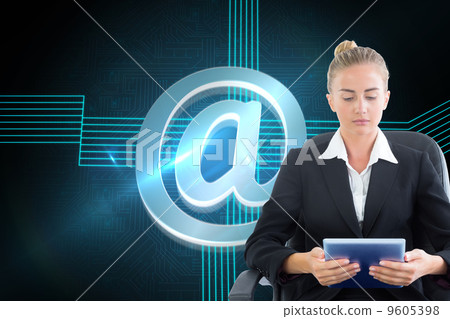 Composite image of businesswoman sitting on swivel chair with ta Composite image of businesswoman sitting on swivel chair with ta 9605398