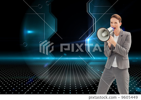 Composite image of businesswoman talking on a megaphone Composite image of businesswoman talking on a megaphone 9605449