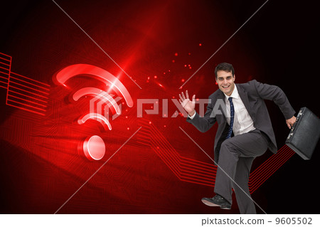 Composite image of happy businessman in a hury Composite image of happy businessman in a hury 9605502
