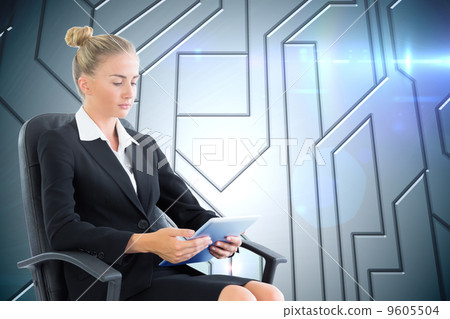 Composite image of businesswoman sitting on swivel chair with ta Composite image of businesswoman sitting on swivel chair with ta 9605504
