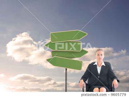 Composite image of businesswoman sitting on swivel chair in blac Composite image of businesswoman sitting on swivel chair in blac 9605779