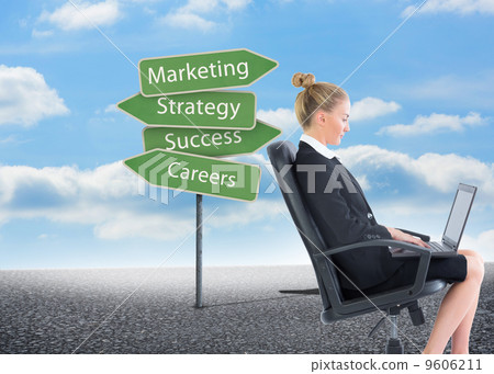 Composite image of businesswoman sitting on swivel chair with la Composite image of businesswoman sitting on swivel chair with la 9606211