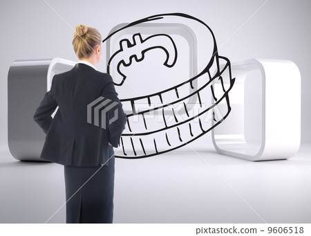 Composite image of businesswoman standing with hands on hips 9606518