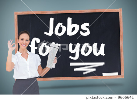 Composite image of stylish businesswoman making gesture while ho 9606641