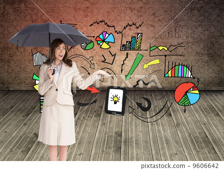 Composite image of elegant businesswoman holding black umbrella 9606642