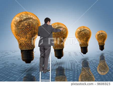 Composite image of businessman standing on ladder 9606923
