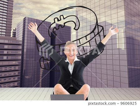 Composite image of businesswoman sitting in front of laptop with Composite image of businesswoman sitting in front of laptop with 9606925