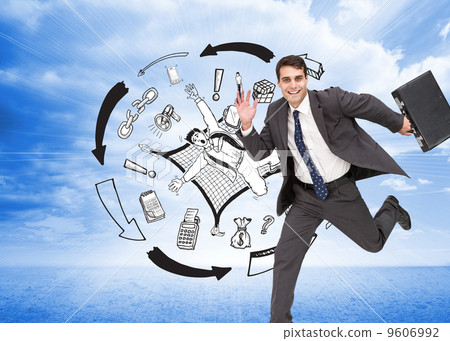Composite image of cheerful businessman in a hury 9606992