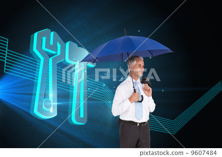 Composite image of happy businessman holding umbrella Composite image of happy businessman holding umbrella 9607484