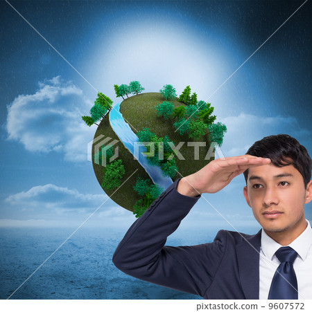 Composite image of unsmiling casual businessman looking Composite image of unsmiling casual businessman looking 9607572