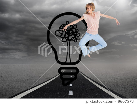 Composite image of woman jumping and opening arms Composite image of woman jumping and opening arms 9607573