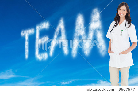 Composite image of confident and smiling woman doctor standing i Composite image of confident and smiling woman doctor standing i 9607677