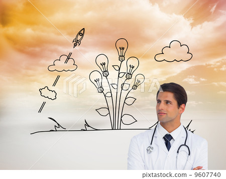 Composite image of confident doctor with arms crossed looking up 9607740