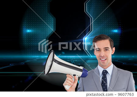 Composite image of smiling businessman holding a megaphone 9607763