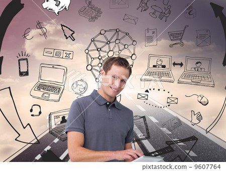 Composite image of smiling young man with tablet computer 9607764