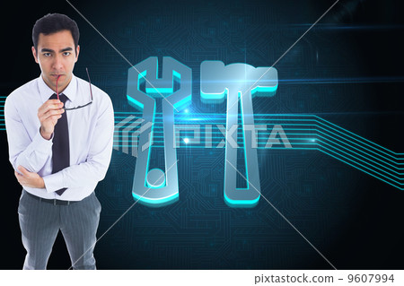 Composite image of unsmiling businessman holding glasses Composite image of unsmiling businessman holding glasses 9607994