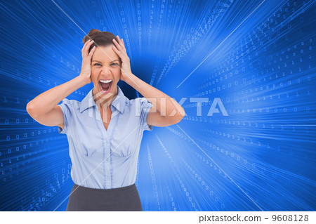 Composite image of stressed businessswoman with hand on her head 9608128