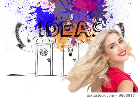 Composite image of smiling blonde standing hands on hips 9608917