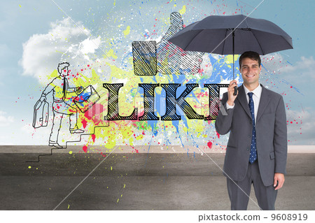 Composite image of happy businessman holding grey umbrella 9608919