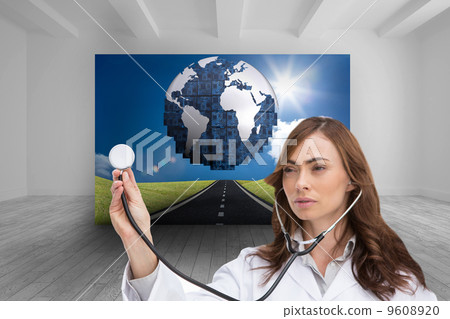 Composite image of thoughtful doctor using stethoscope 9608920