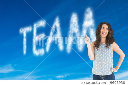 Composite image of happy beautiful brunette posing 9608930