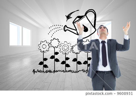 Composite image of unsmiling businessman with arms raised 9608931