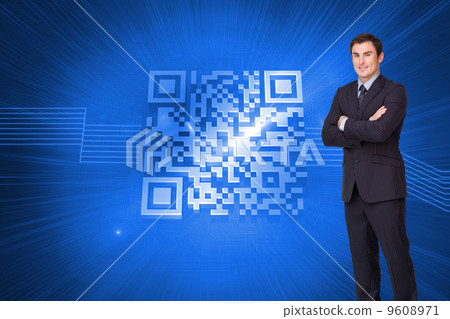 Composite image of young businessman standing cross-armed 9608971