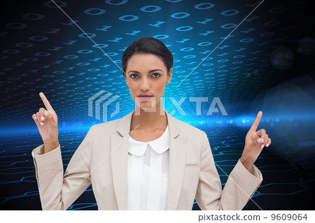 Composite image of serious businesswoman with hands up Composite image of serious businesswoman with hands up 9609064