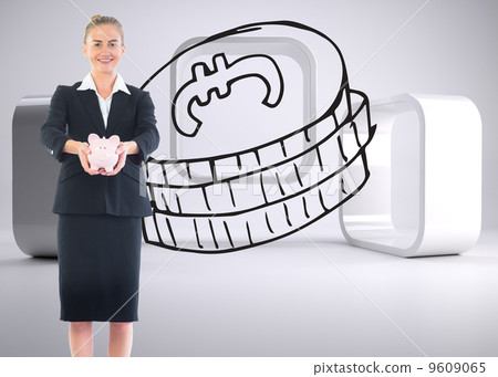 Composite image of happy businesswoman holding a piggy bank Composite image of happy businesswoman holding a piggy bank 9609065