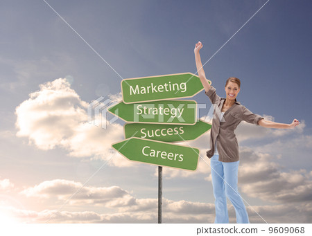 Composite image of happy woman jumping Composite image of happy woman jumping 9609068