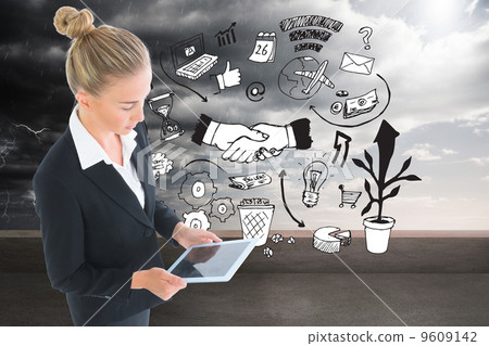 Composite image of businesswoman holding new tablet Composite image of businesswoman holding new tablet 9609142