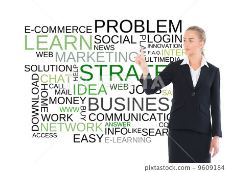 Composite image of young blonde business woman pointing 9609184
