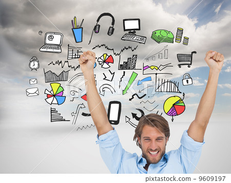 Composite image of happy man celebrating success with arms up Composite image of happy man celebrating success with arms up 9609197