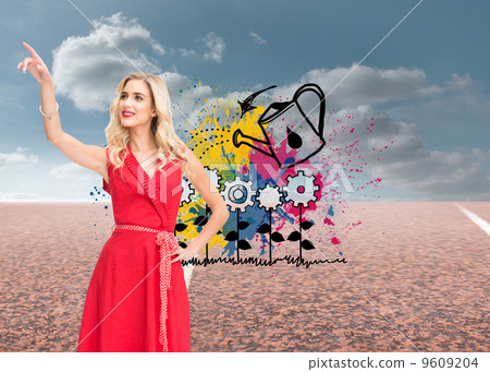 Composite image of smiling blonde pointing Composite image of smiling blonde pointing 9609204