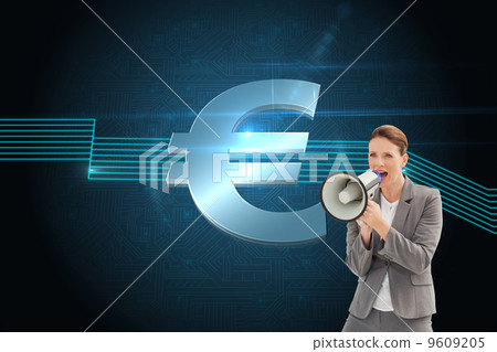 Composite image of businesswoman talking on a megaphone Composite image of businesswoman talking on a megaphone 9609205