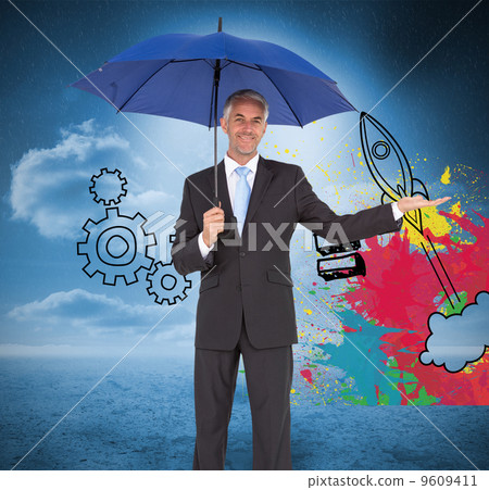 Composite image of peaceful businessman holding blue umbrella 9609411